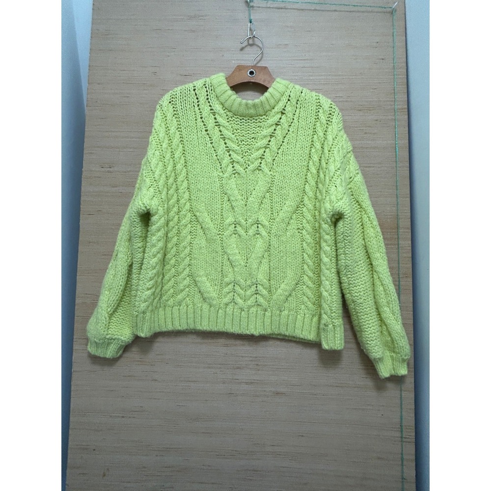 Aerie Chunky Cable Knit Sweater Bright Yellow Crew Neck Long Sleeve Cozy Top XS